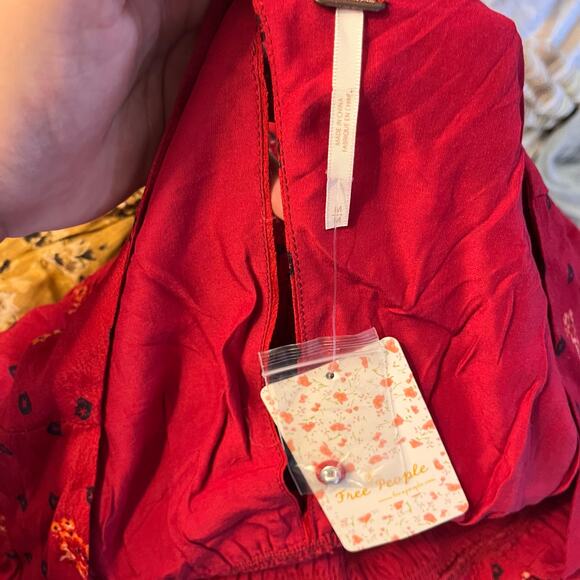 NWT Free People Red Floral Print Smocked Long Sleeve Mini Dress Sz M Cottagecore - Picture 10 of 12